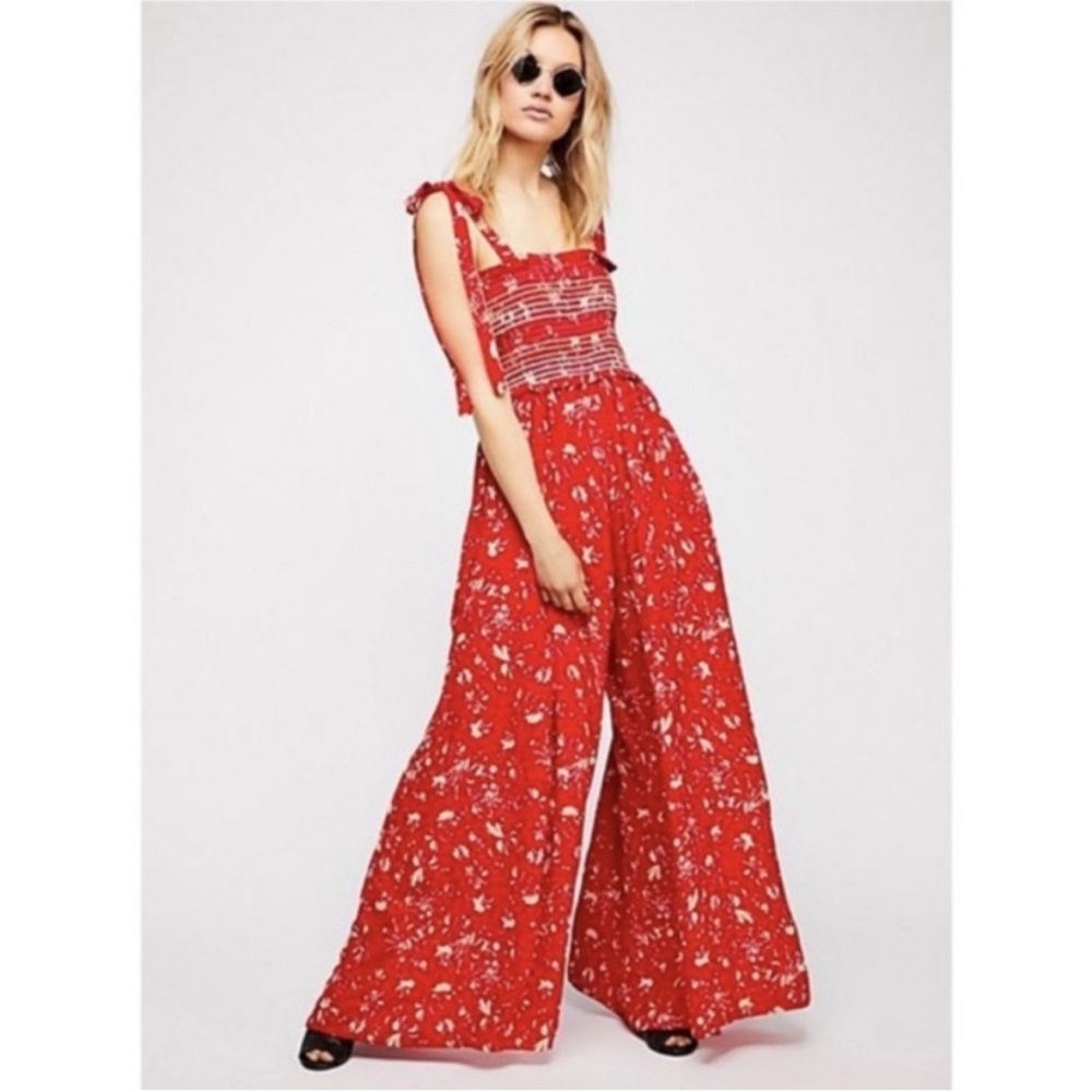 Free People Red Floral Jumpsuit